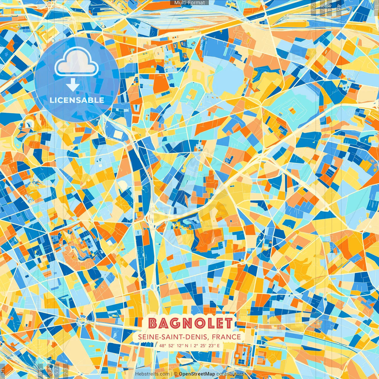 Bagnolet, Seine-Saint-Denis, France blue and orange vector art map template