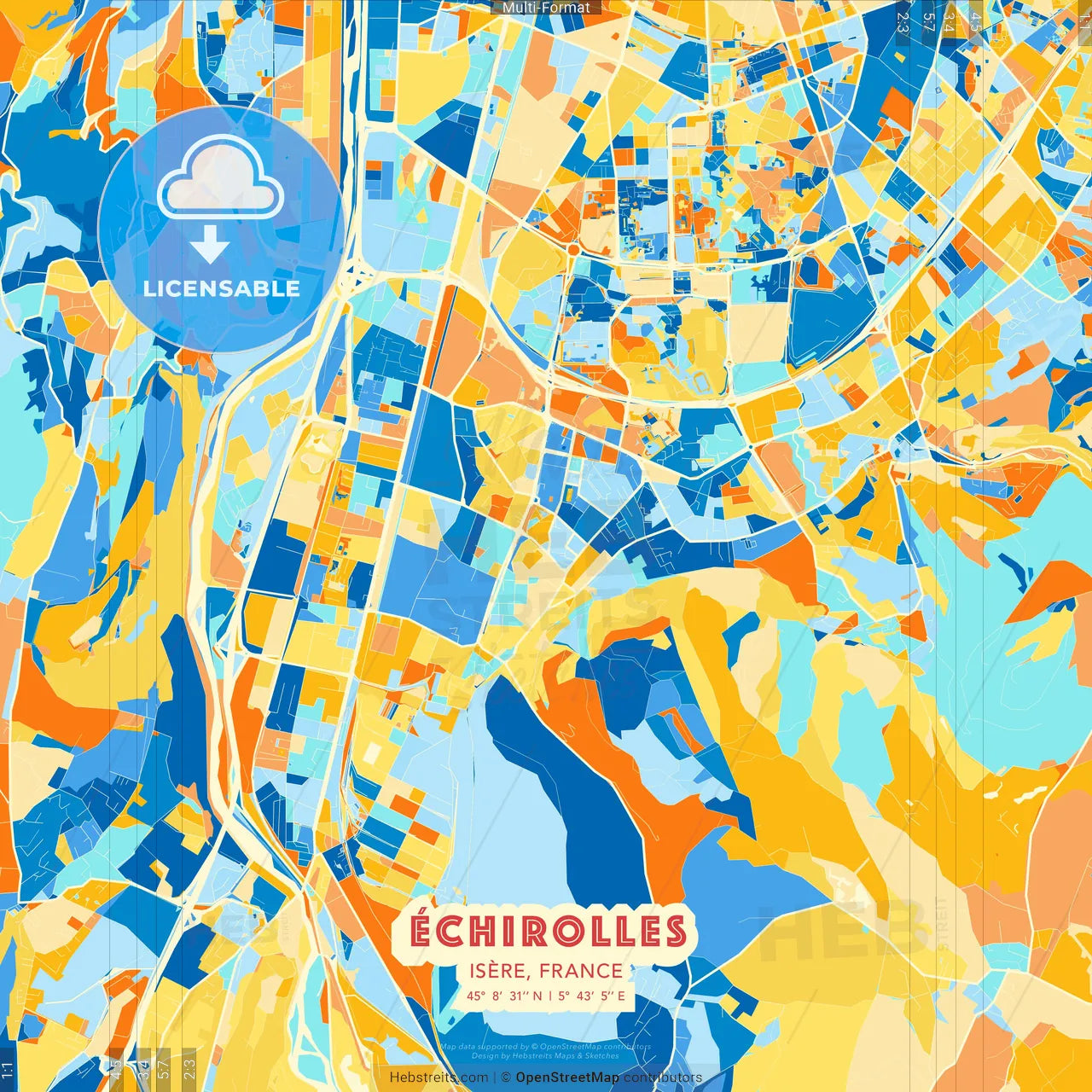 Échirolles, Isère, France blue and orange vector art map template