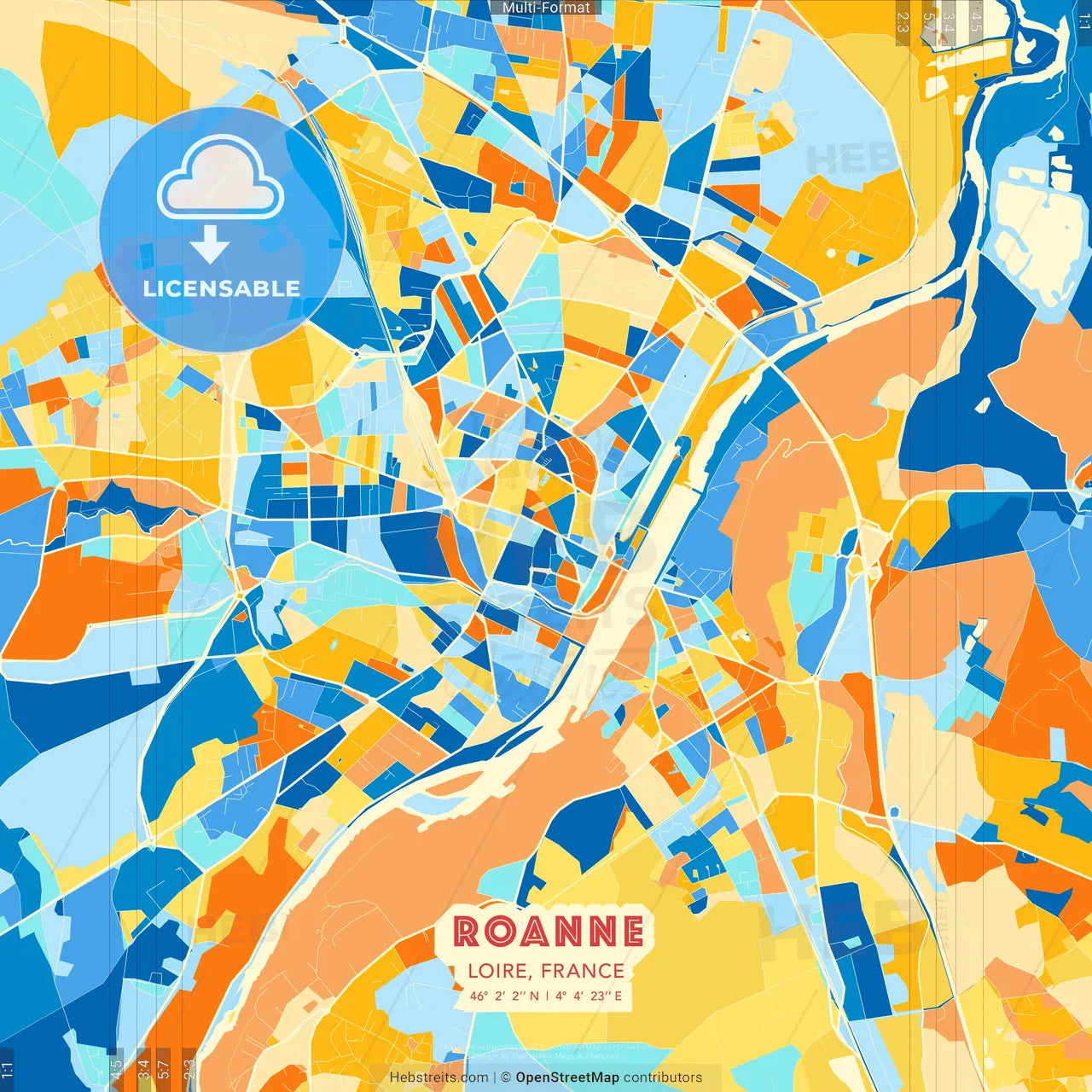 Roanne, Loire, France blue and orange vector art map template