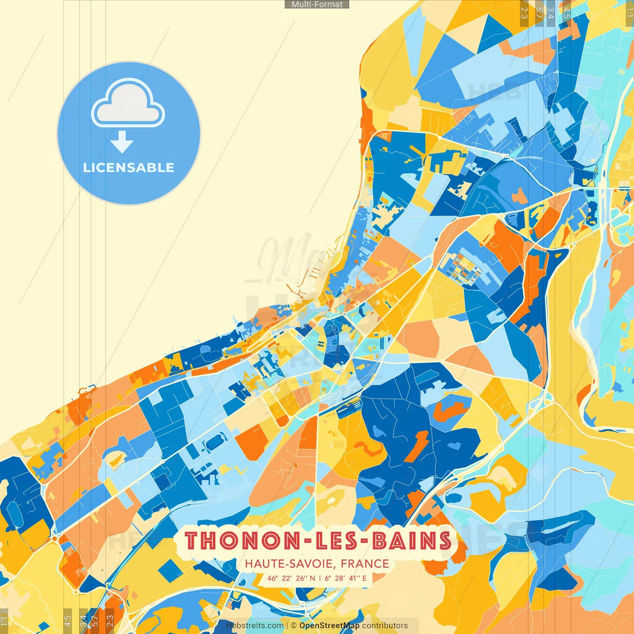 Thonon-les-Bains, Haute-Savoie, France blue and orange vector art map template