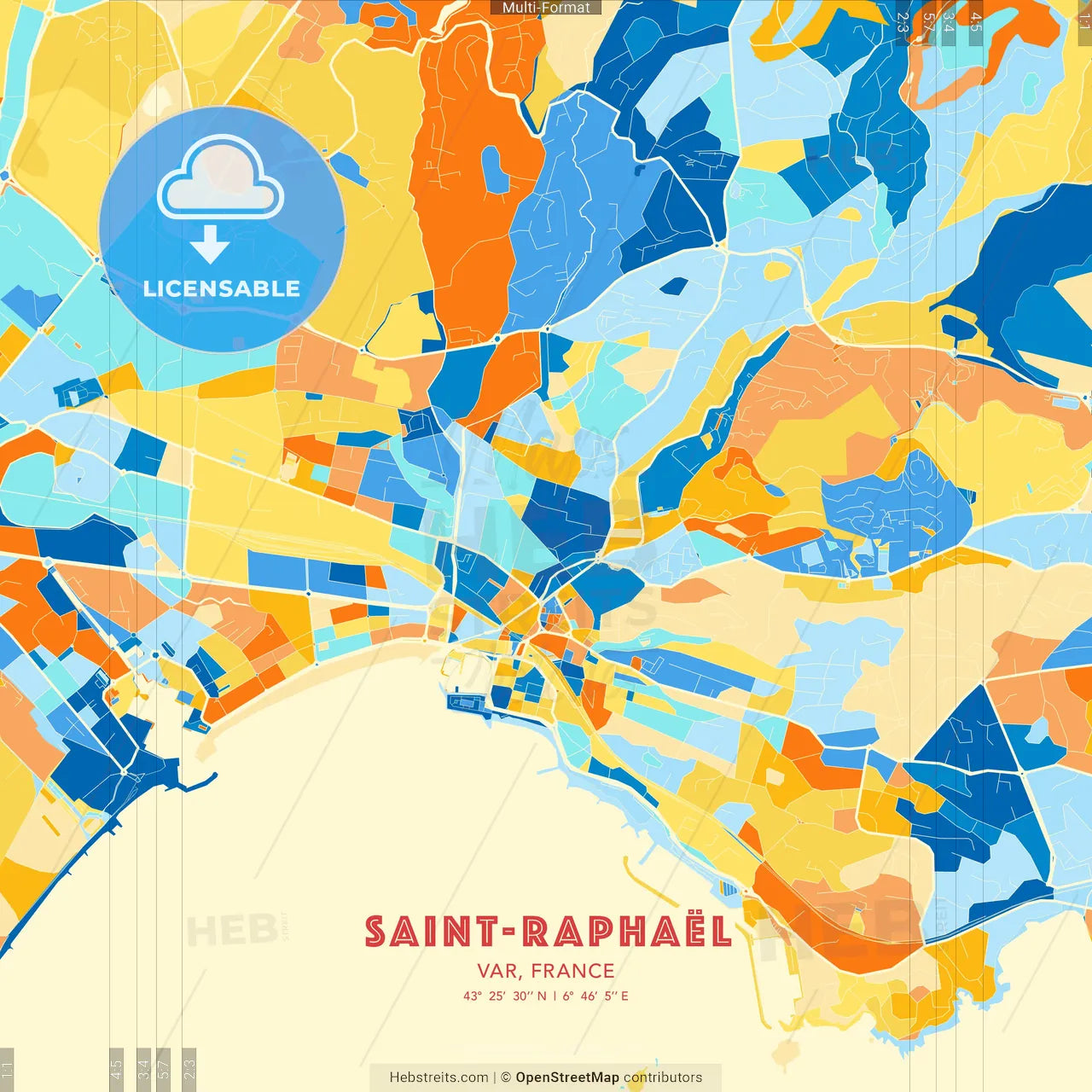 Saint-Raphaël, Var, France blue and orange vector art map template