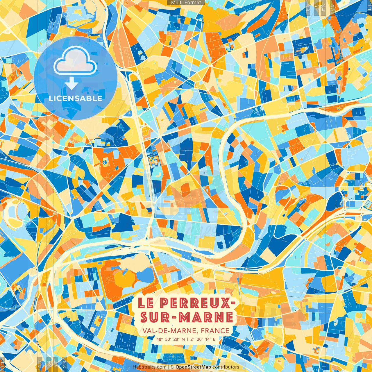 Le Perreux-sur-Marne, Val-de-Marne, France blue and orange vector art map template