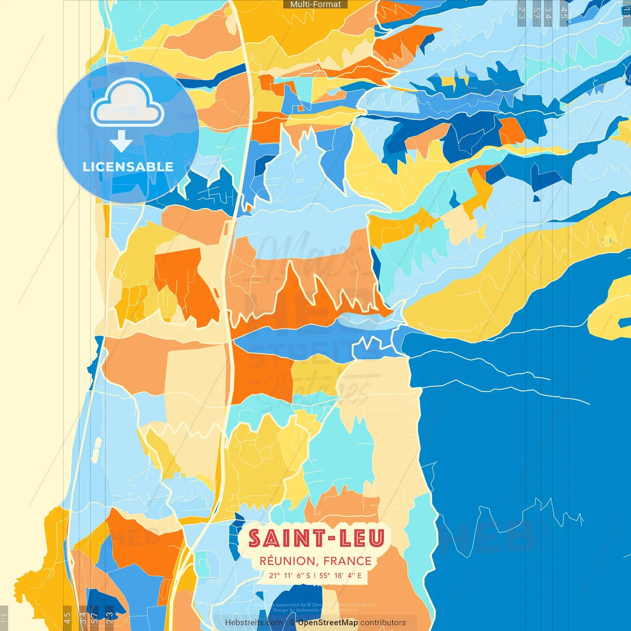 Saint-Leu, Réunion, France blue and orange vector art map template