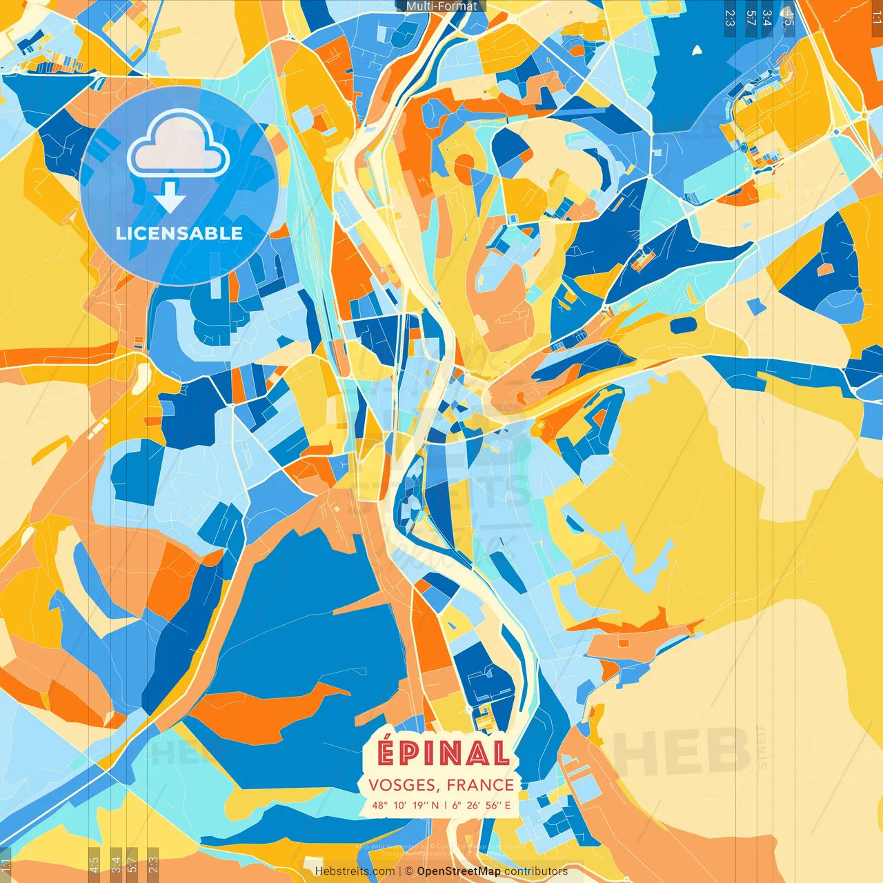 Épinal, Vosges, France blue and orange vector art map template