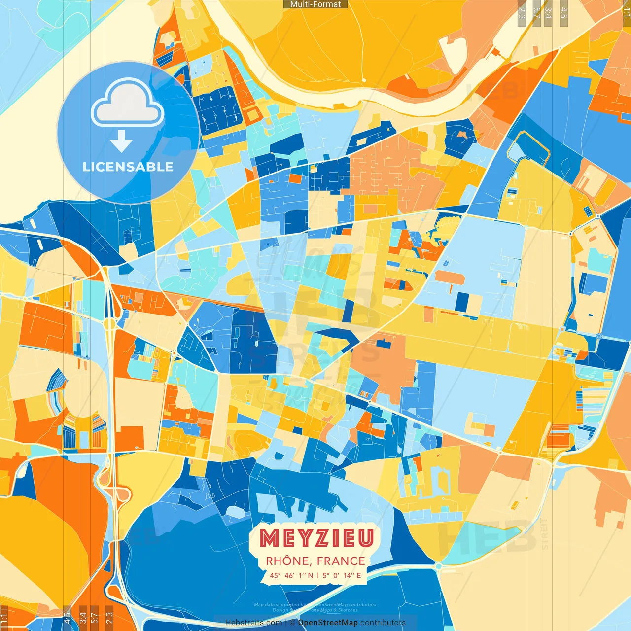 Meyzieu, Rhône, France blue and orange vector art map template