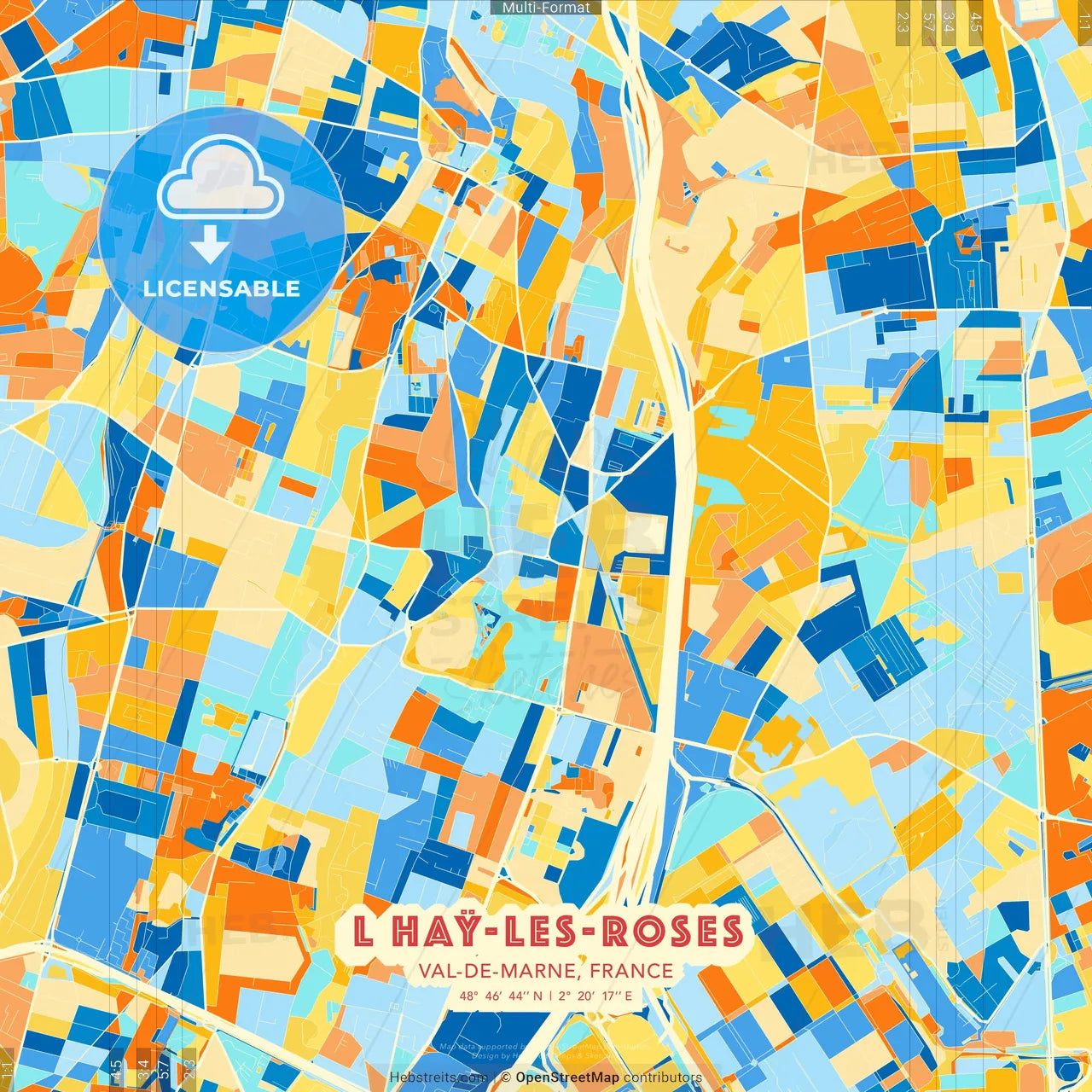 L Haÿ-les-Roses, Val-de-Marne, France blue and orange vector art map template