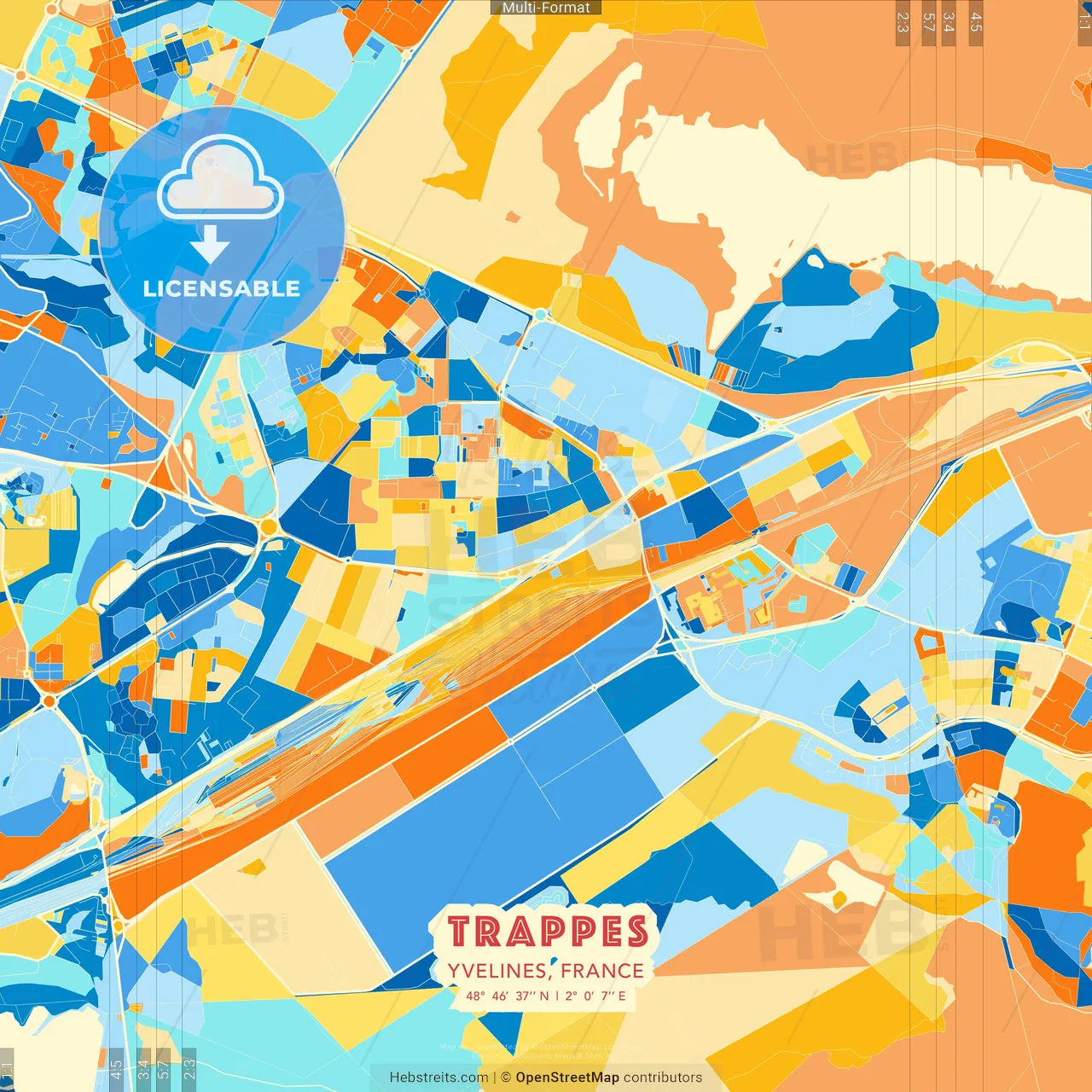 Trappes, Yvelines, France blue and orange vector art map template