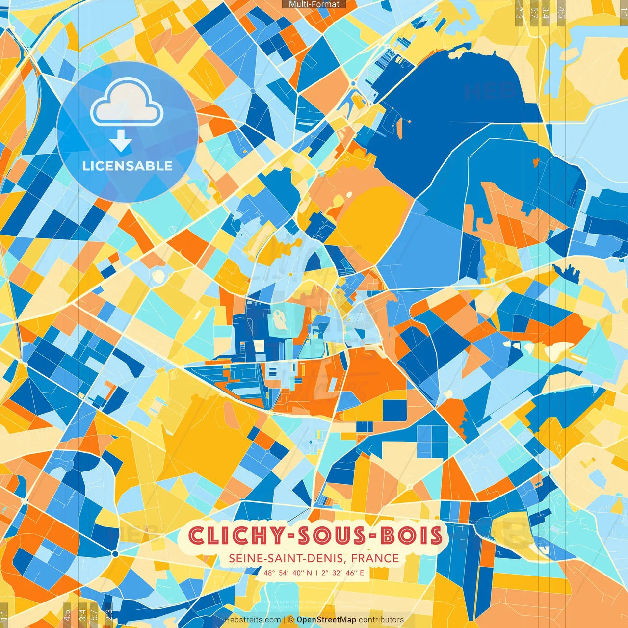 Clichy-sous-Bois, Seine-Saint-Denis, France blue and orange vector art map template