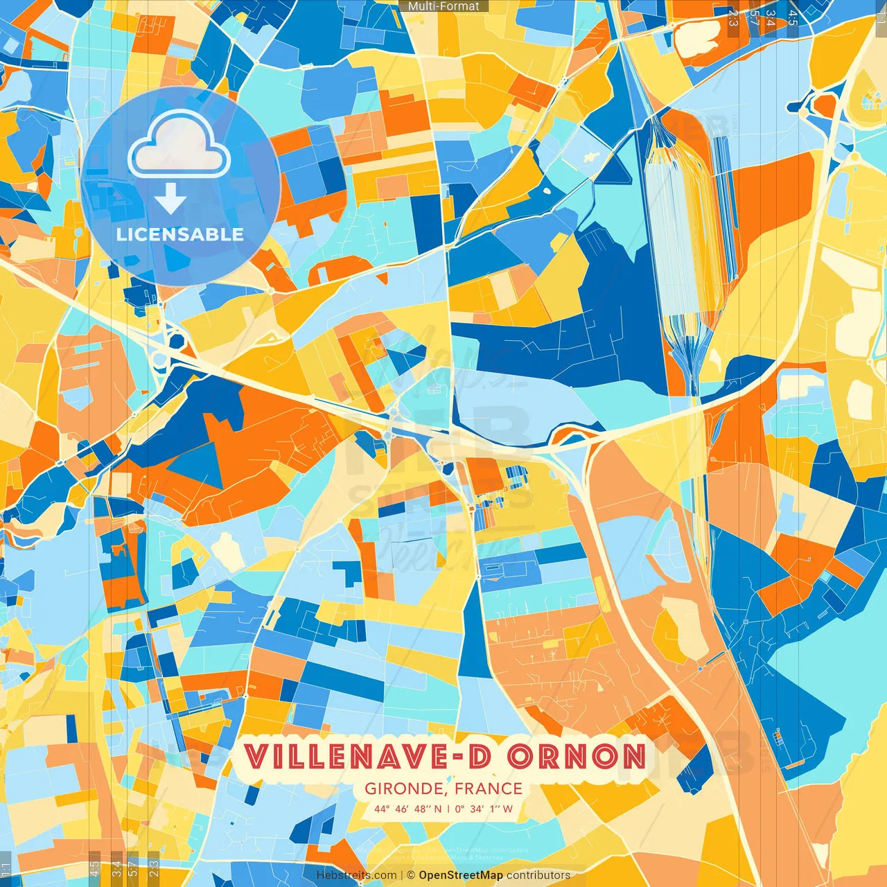 Villenave-d Ornon, Gironde, France blue and orange vector art map template