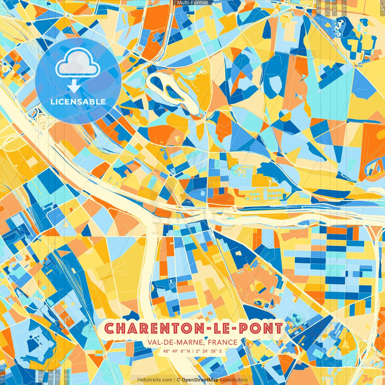 Charenton-le-Pont, Val-de-Marne, France blue and orange vector art map template