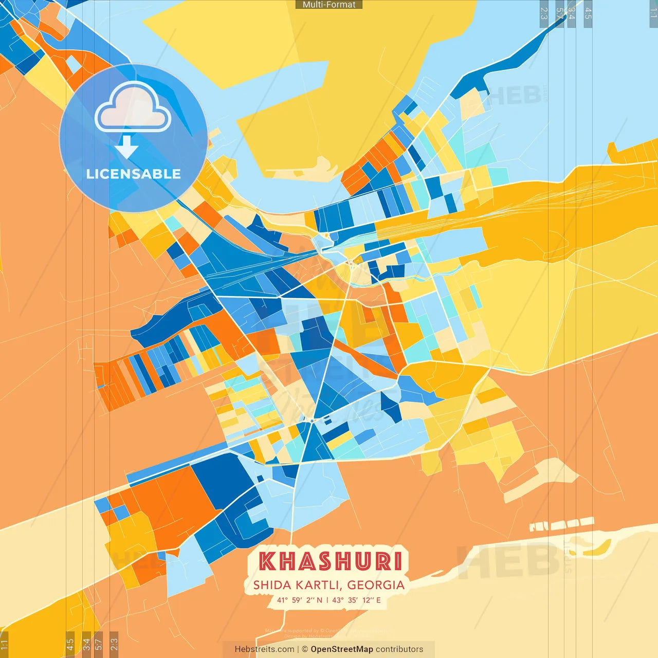 Khashuri, Shida Kartli, Georgia blue and orange vector art map template
