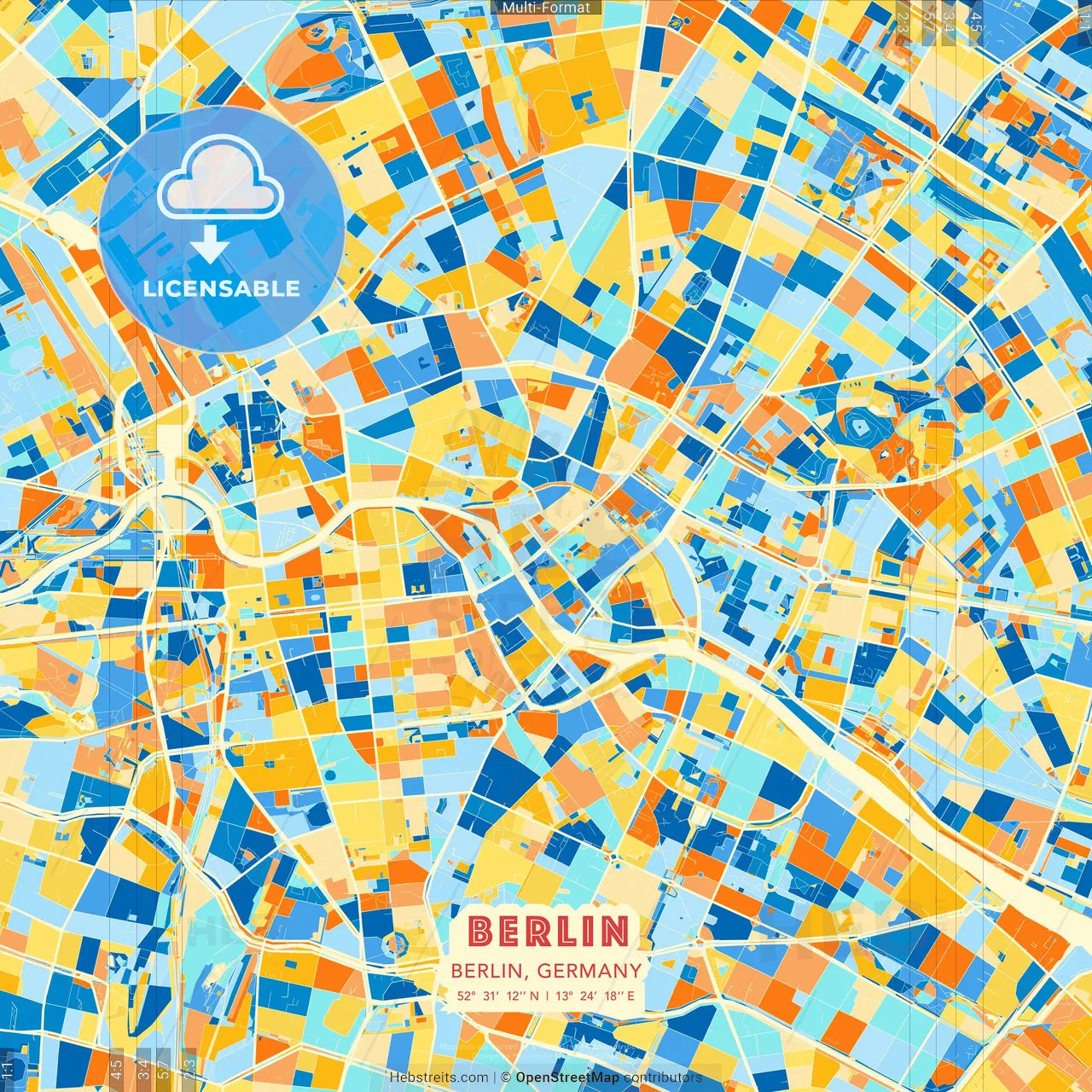 Berlin, Berlin, Germany blue and orange vector art map template