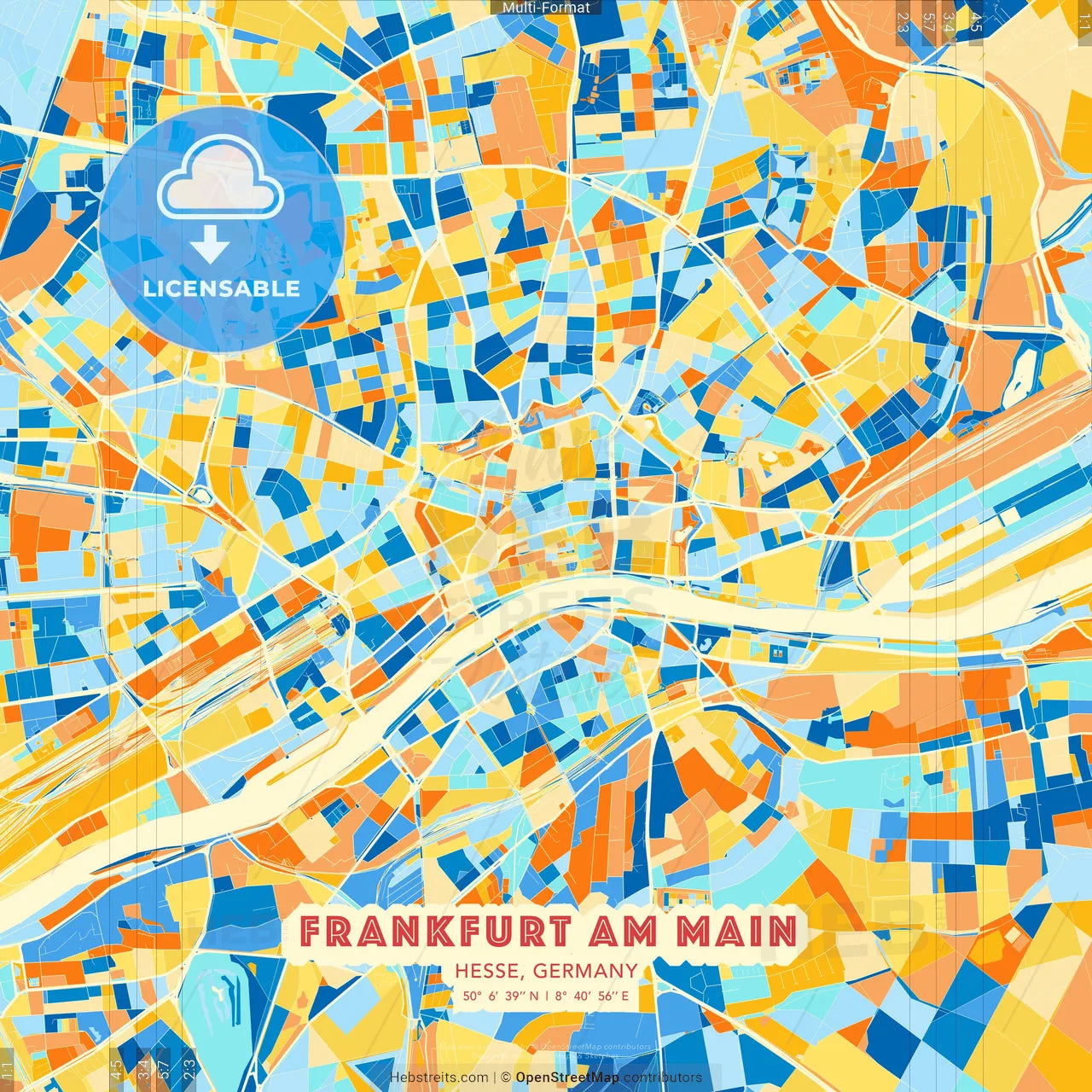 Frankfurt am Main, Hesse, Germany blue and orange vector art map template
