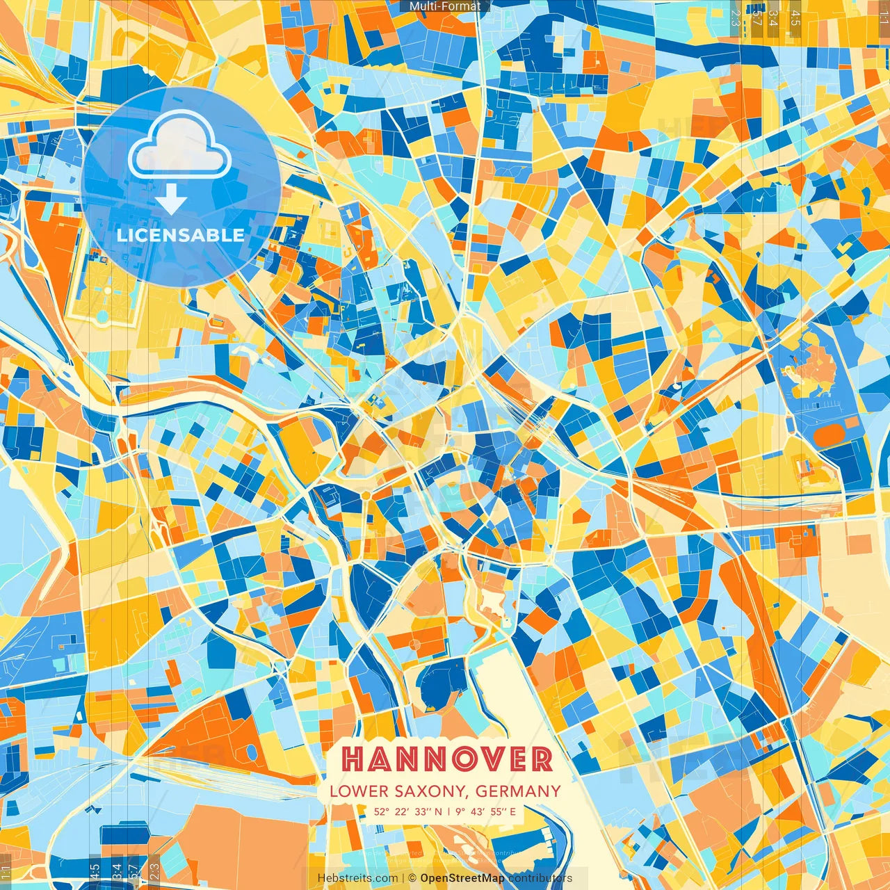Hannover, Lower Saxony, Germany blue and orange vector art map template