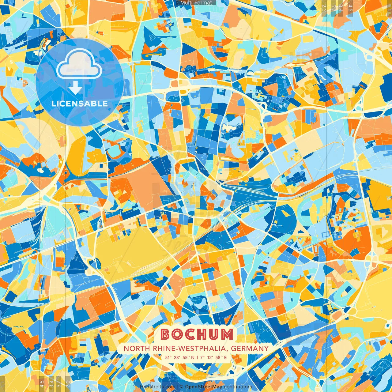 Bochum, North Rhine-Westphalia, Germany blue and orange vector art map template