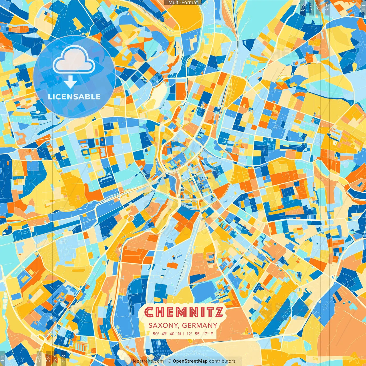 Chemnitz, Saxony, Germany blue and orange vector art map template