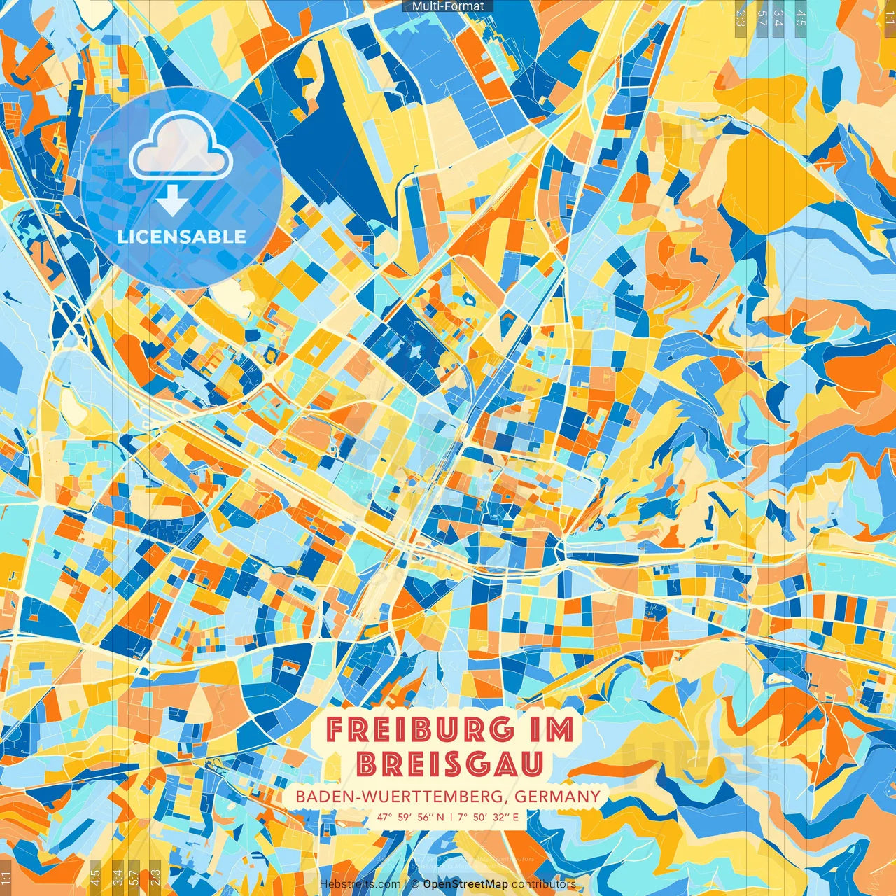 Freiburg im Breisgau, Baden-Wuerttemberg, Germany blue and orange vector art map template