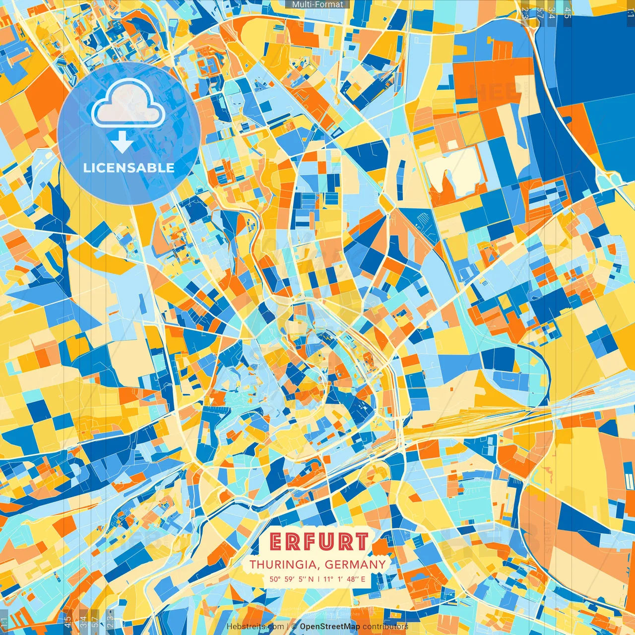 Erfurt, Thuringia, Germany blue and orange vector art map template