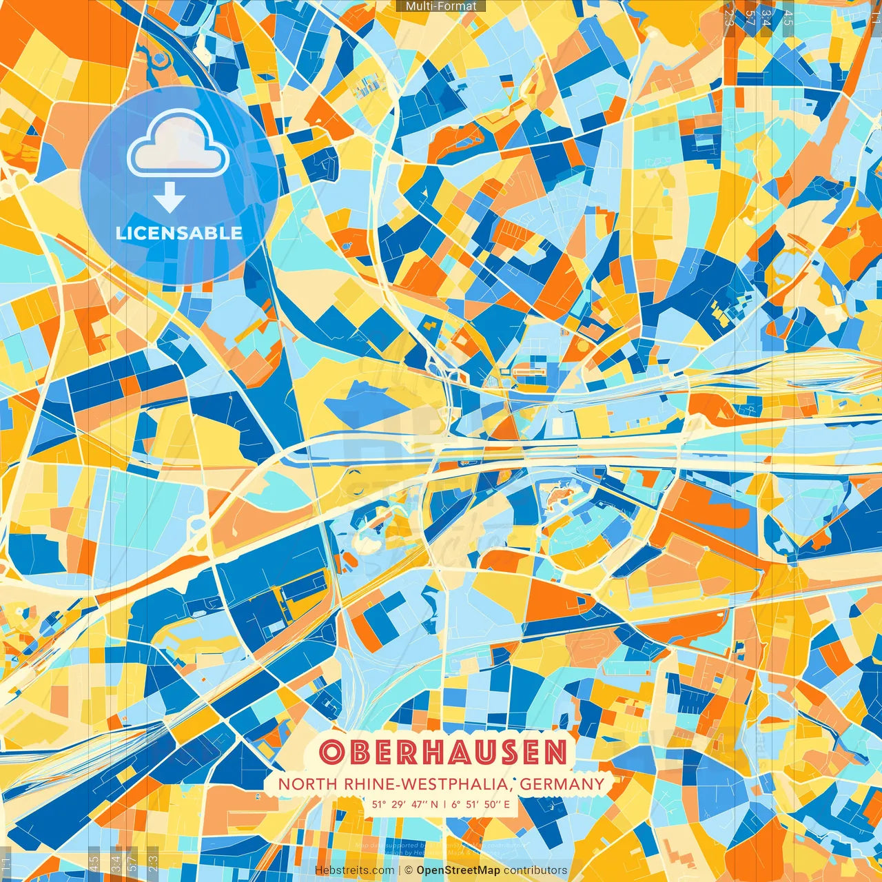 Oberhausen, North Rhine-Westphalia, Germany blue and orange vector art map template