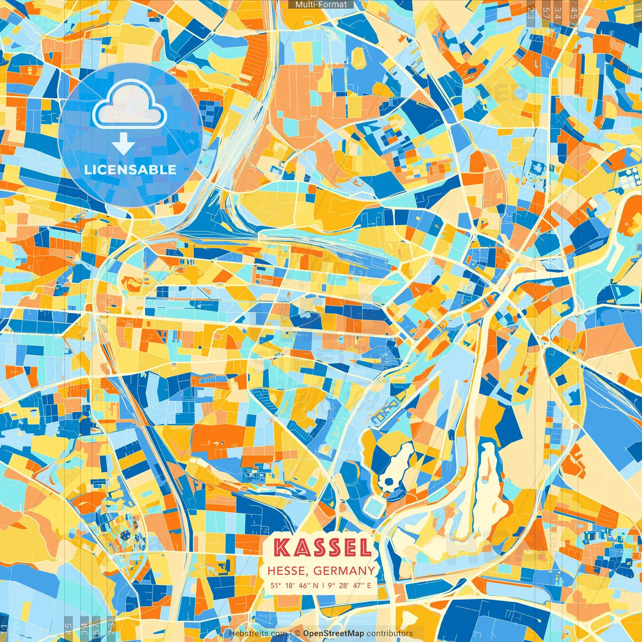 Kassel, Hesse, Germany blue and orange vector art map template