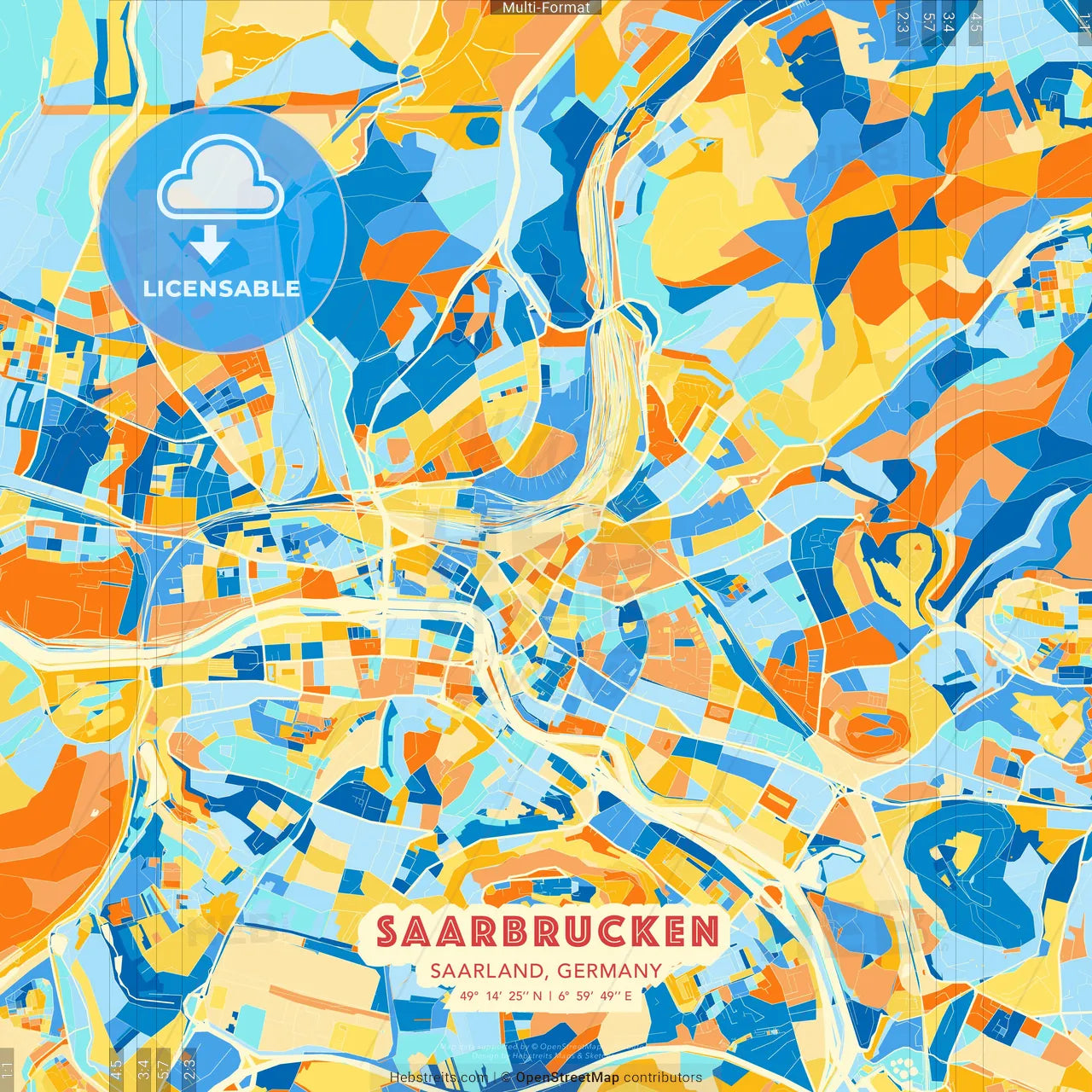 Saarbrucken, Saarland, Germany blue and orange vector art map template