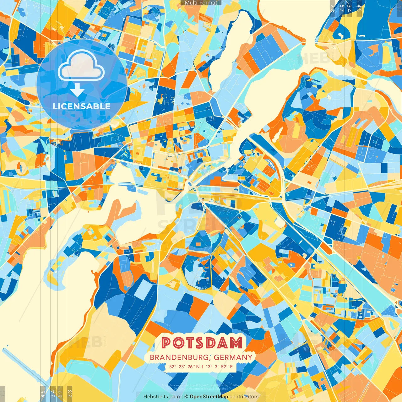 Potsdam, Brandenburg, Germany blue and orange vector art map template