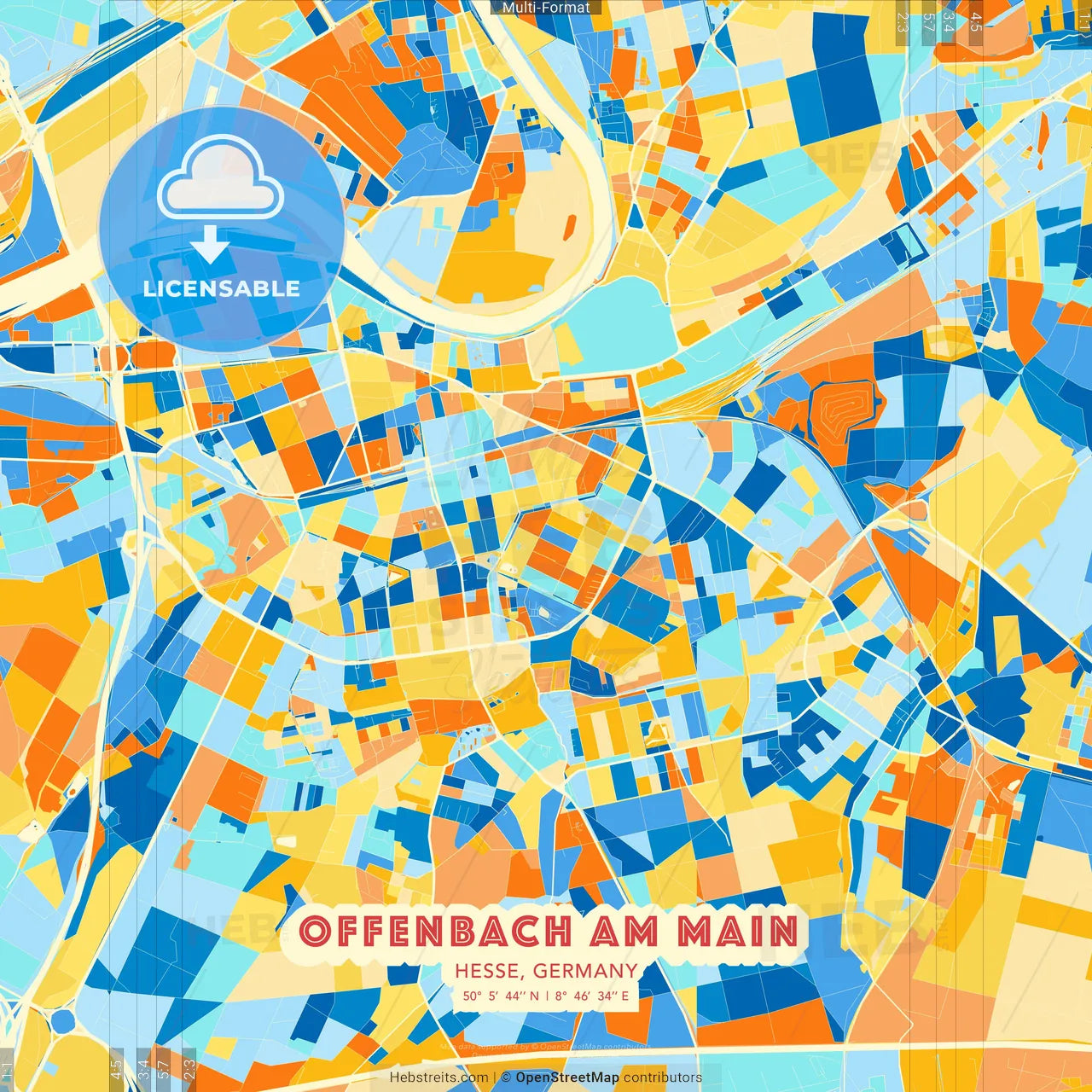 Offenbach am Main, Hesse, Germany blue and orange vector art map template