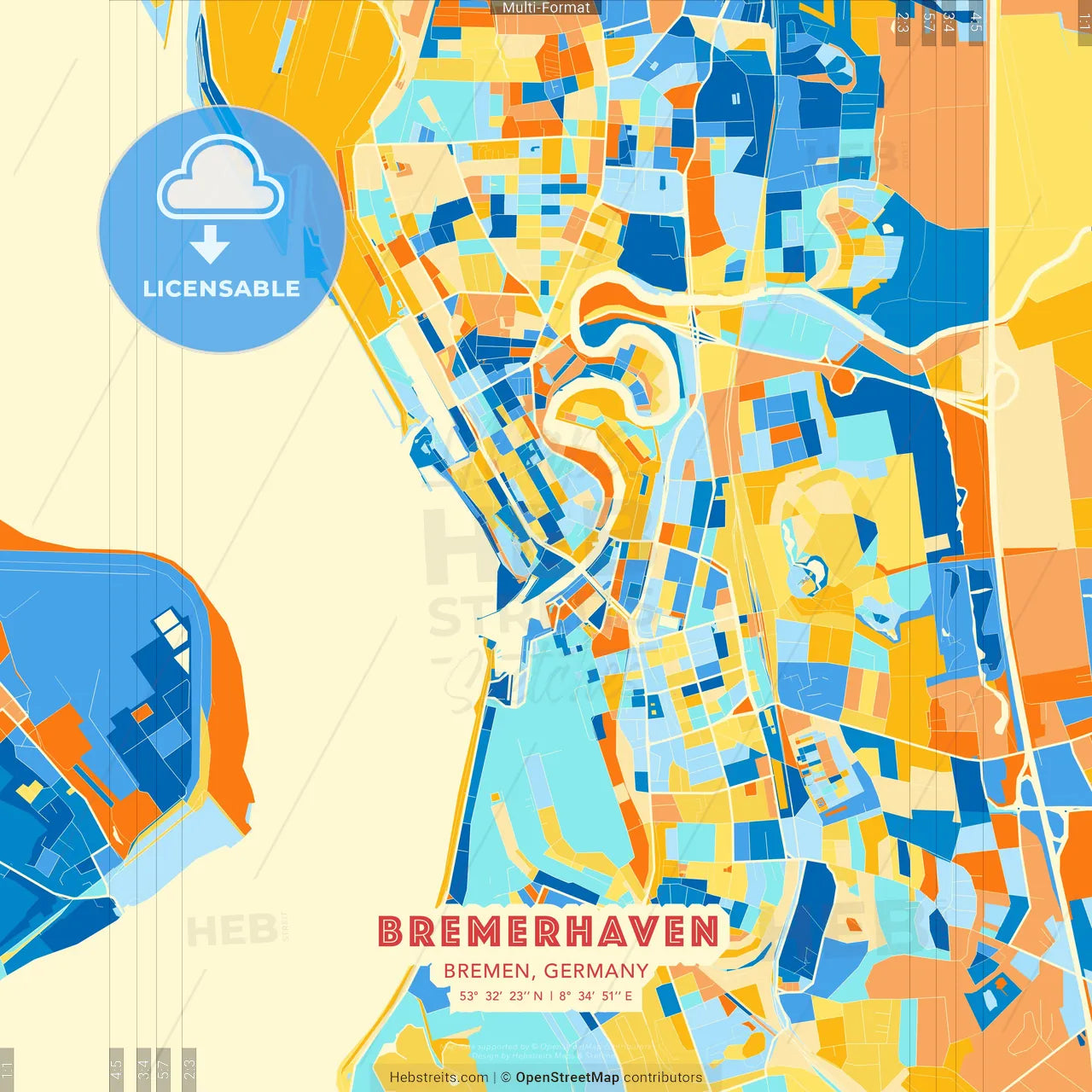 Bremerhaven, Bremen, Germany blue and orange vector art map template