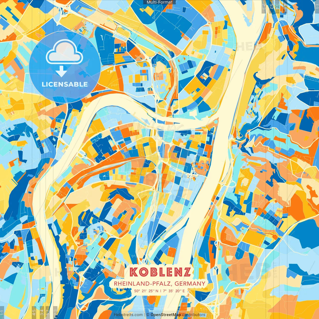 Koblenz, Rheinland-Pfalz, Germany blue and orange vector art map template