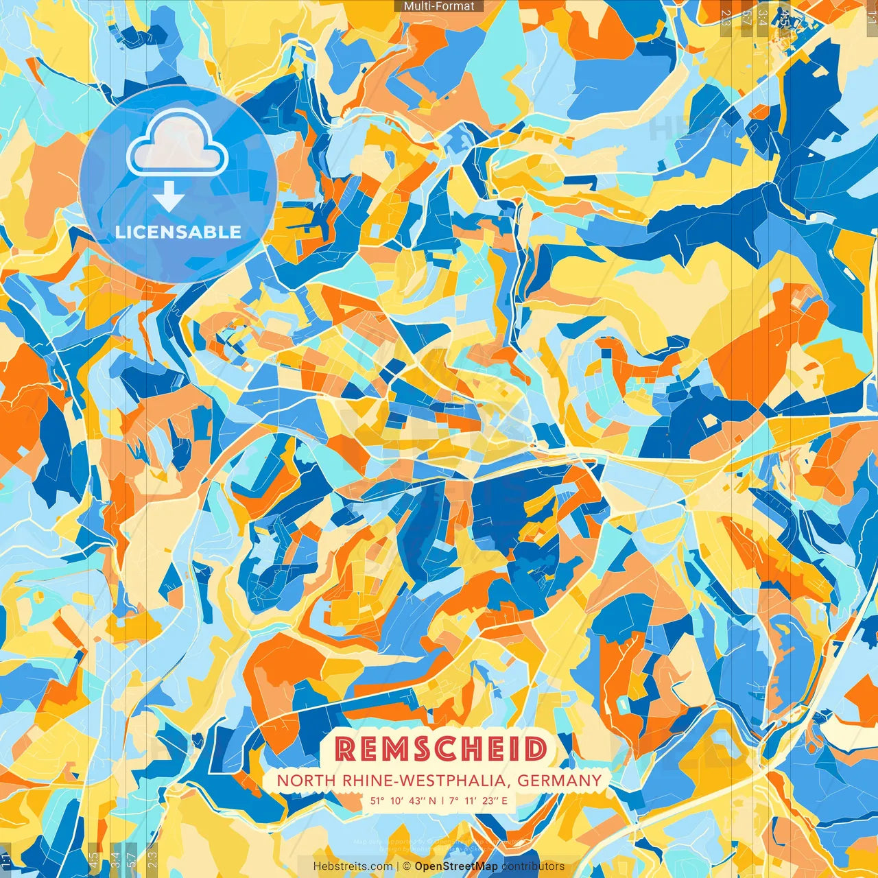 Remscheid, North Rhine-Westphalia, Germany blue and orange vector art map template