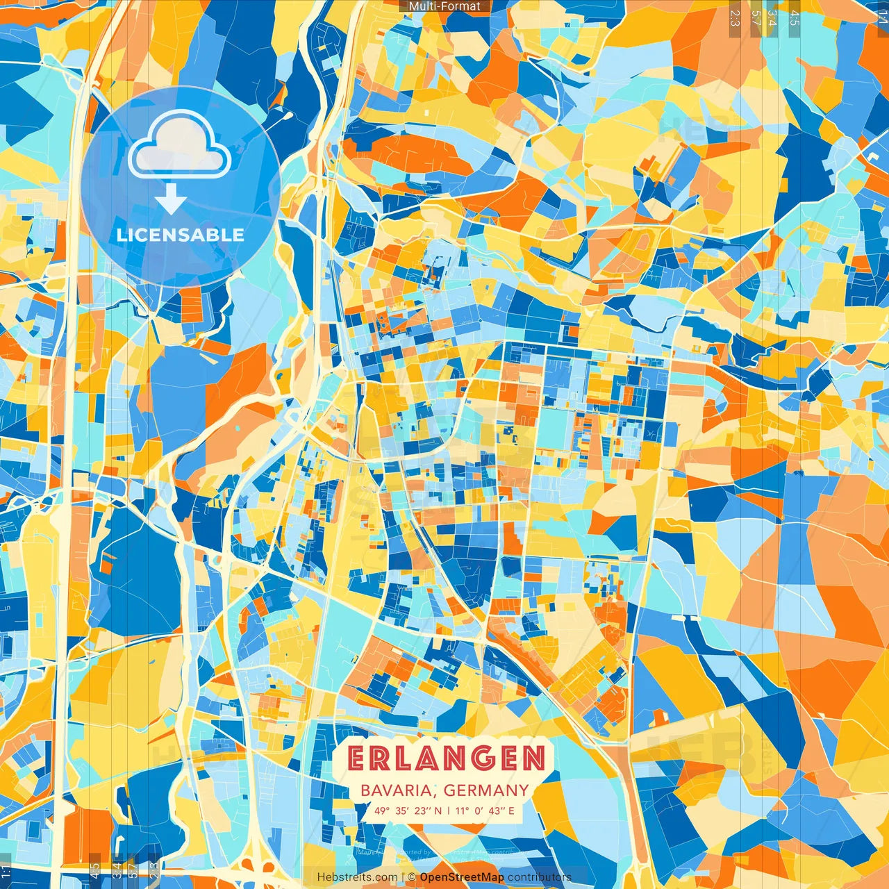Erlangen, Bavaria, Germany blue and orange vector art map template