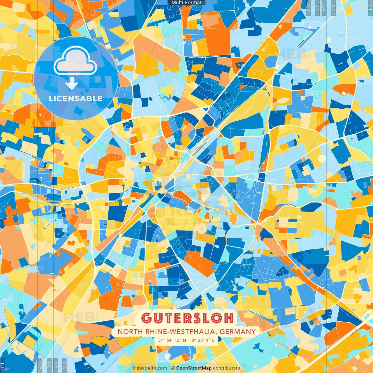 Gutersloh, North Rhine-Westphalia, Germany blue and orange vector art map template