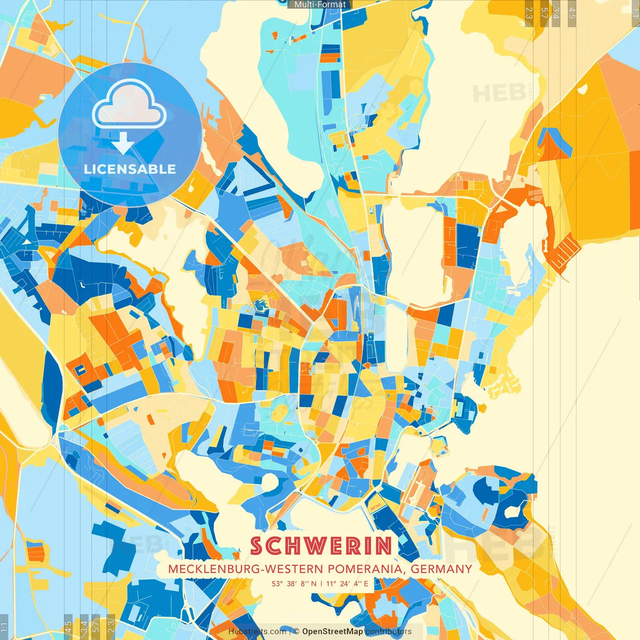 Schwerin, Mecklenburg-Western Pomerania, Germany blue and orange vector art map template