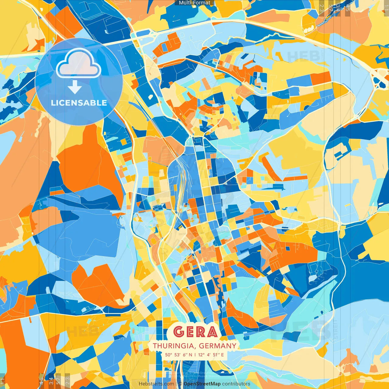 Gera, Thuringia, Germany blue and orange vector art map template