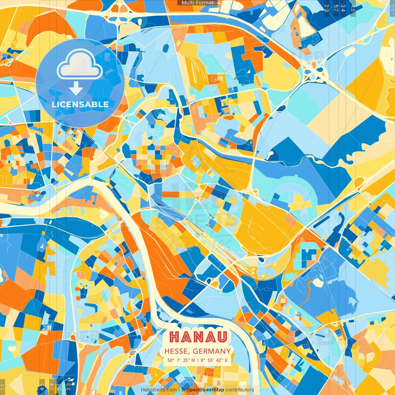 Hanau, Hesse, Germany blue and orange vector art map template