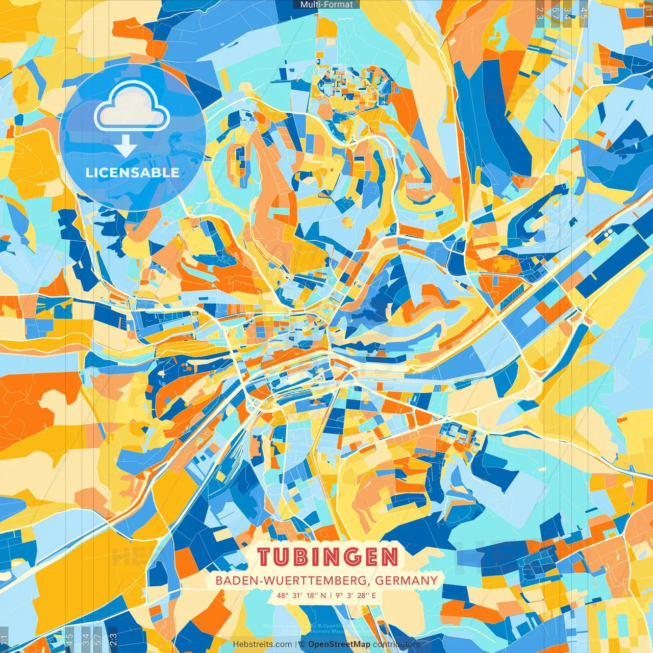 Tubingen, Baden-Wuerttemberg, Germany blue and orange vector art map template