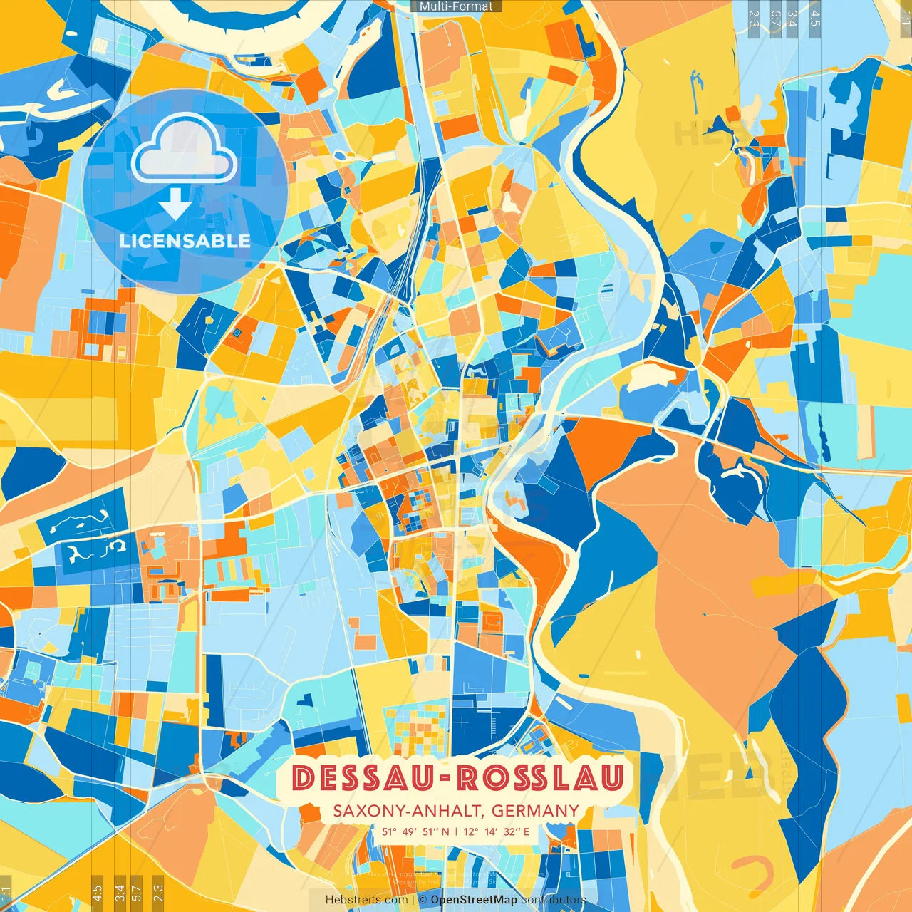 Dessau-Roßlau, Saxony-Anhalt, Germany blue and orange vector art map template