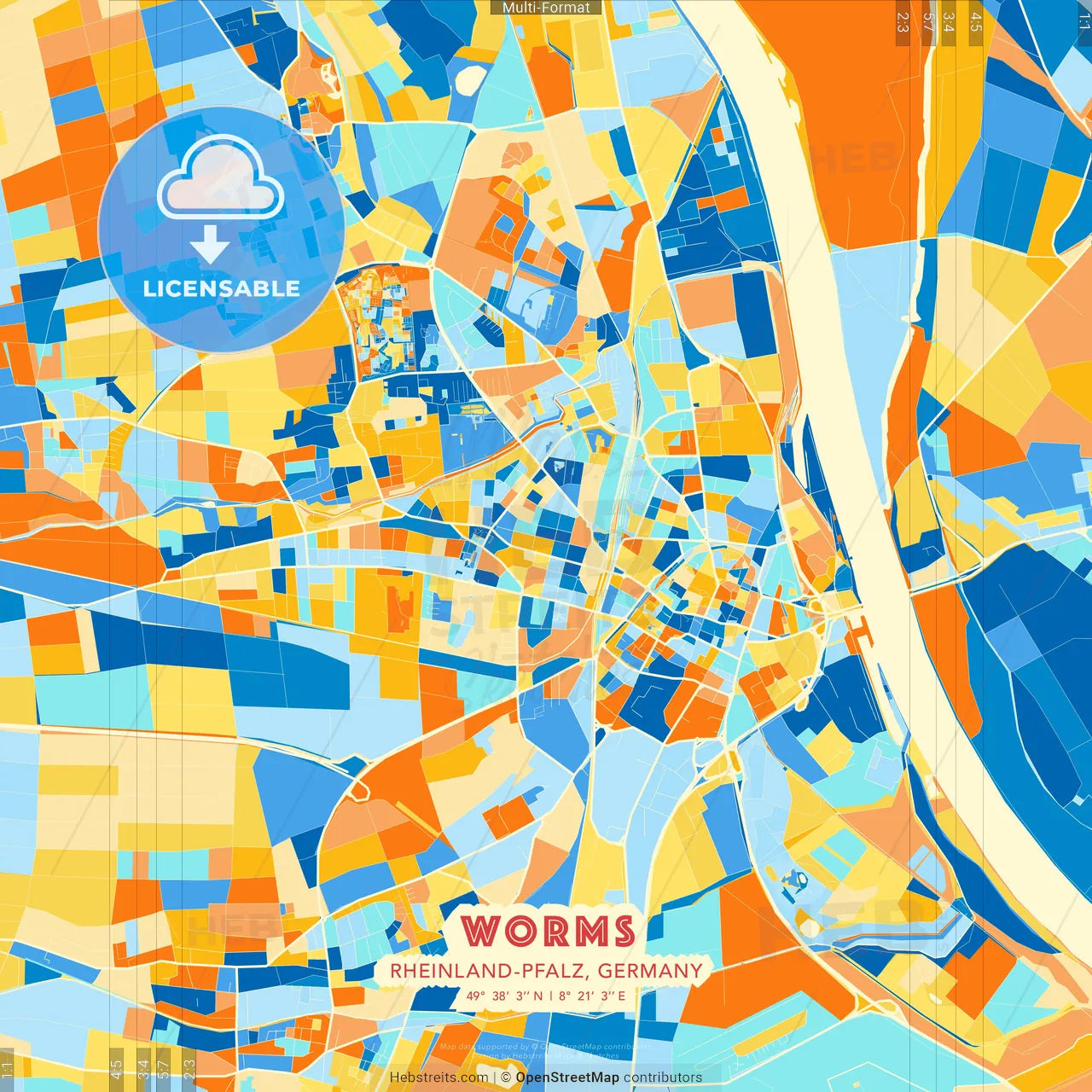 Worms, Rheinland-Pfalz, Germany blue and orange vector art map template