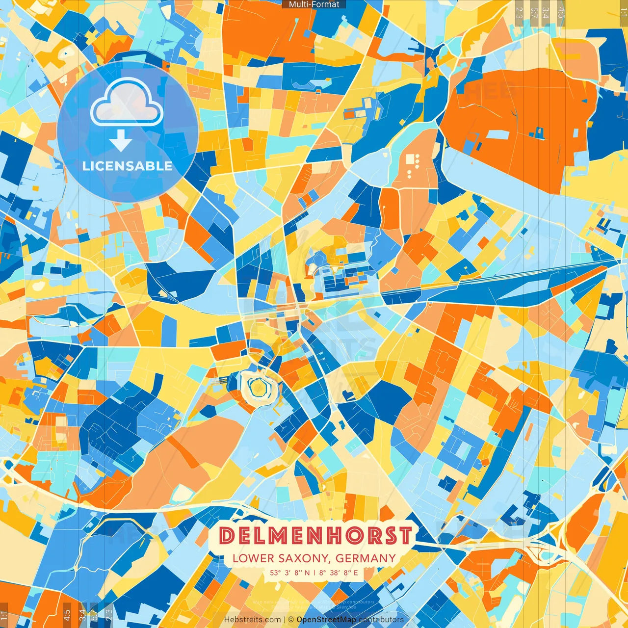 Delmenhorst, Lower Saxony, Germany blue and orange vector art map template
