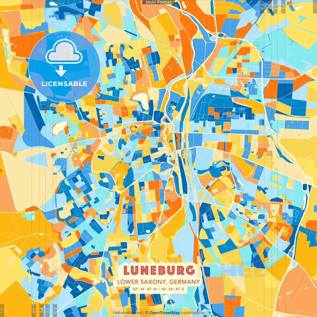 Luneburg, Lower Saxony, Germany blue and orange vector art map template