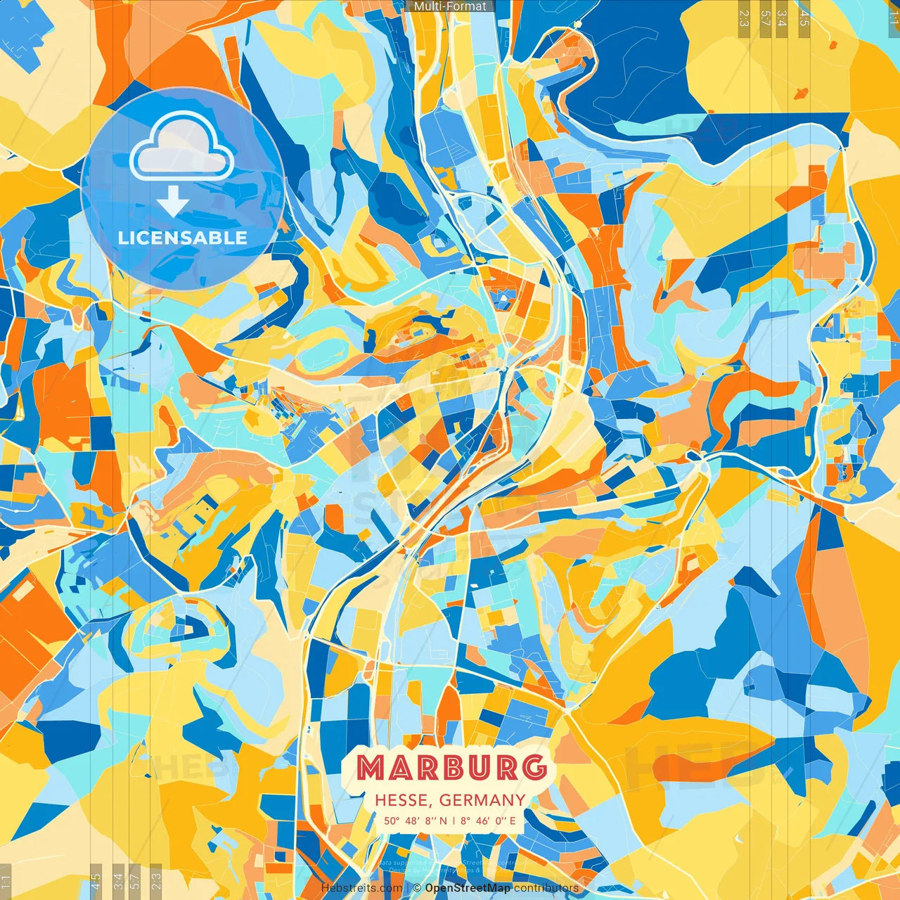 Marburg, Hesse, Germany blue and orange vector art map template