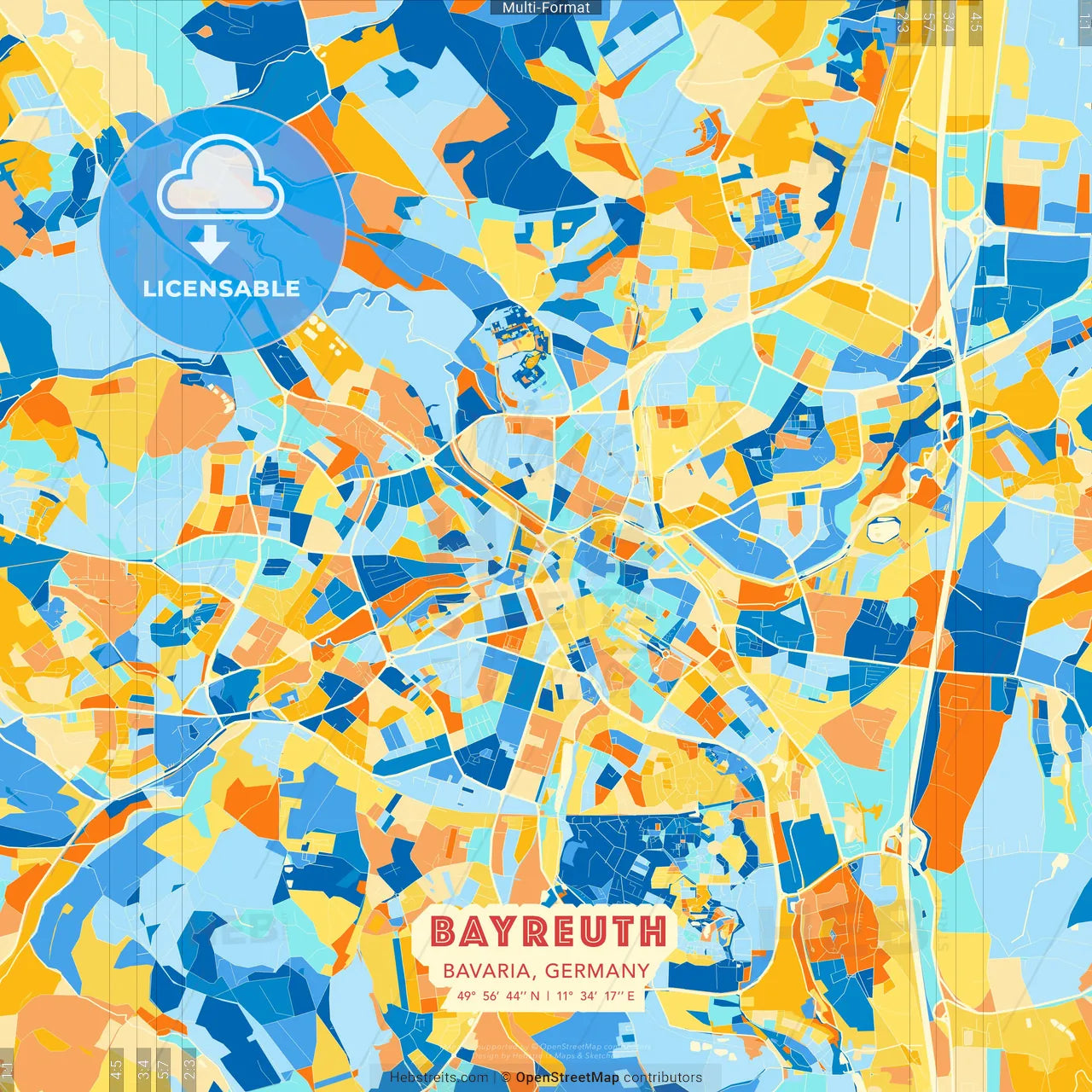 Bayreuth, Bavaria, Germany blue and orange vector art map template