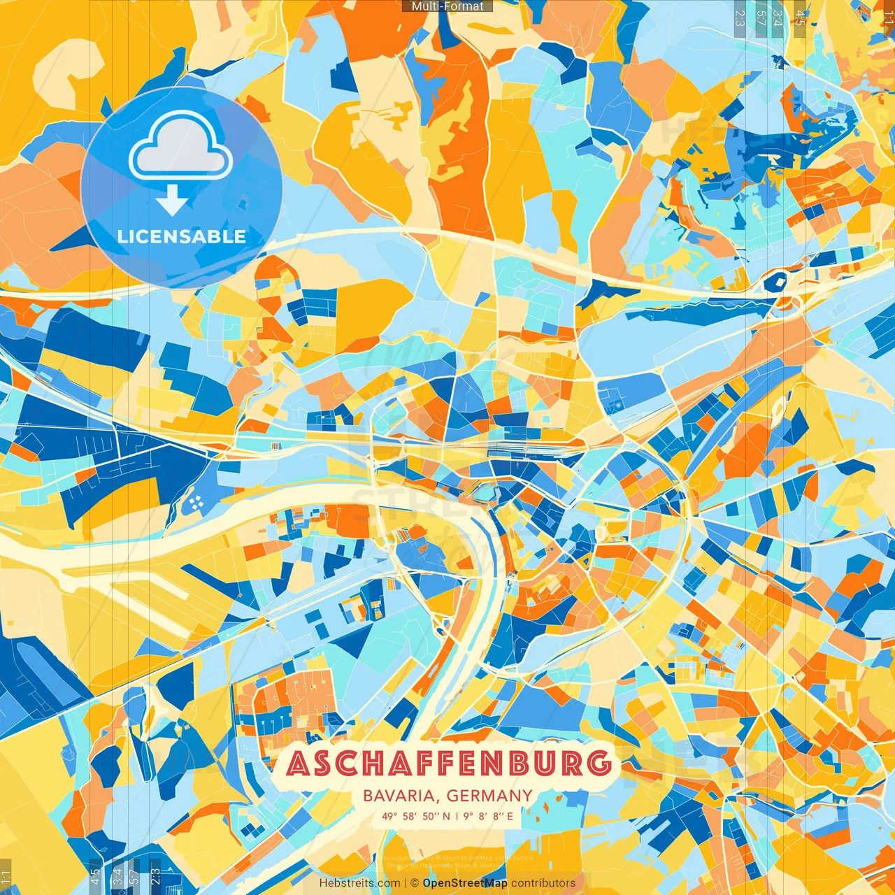 Aschaffenburg, Bavaria, Germany blue and orange vector art map template