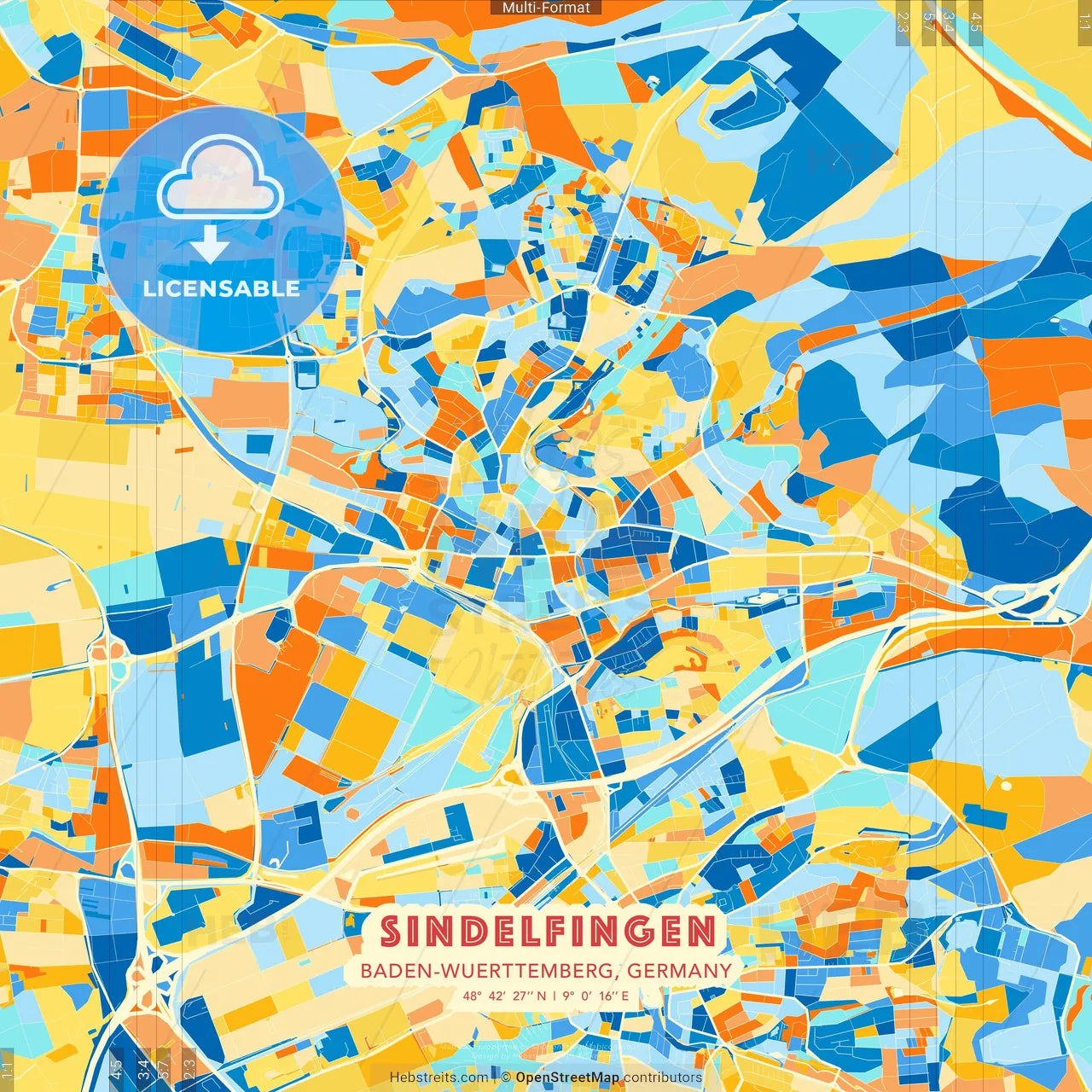 Sindelfingen, Baden-Wuerttemberg, Germany blue and orange vector art map template