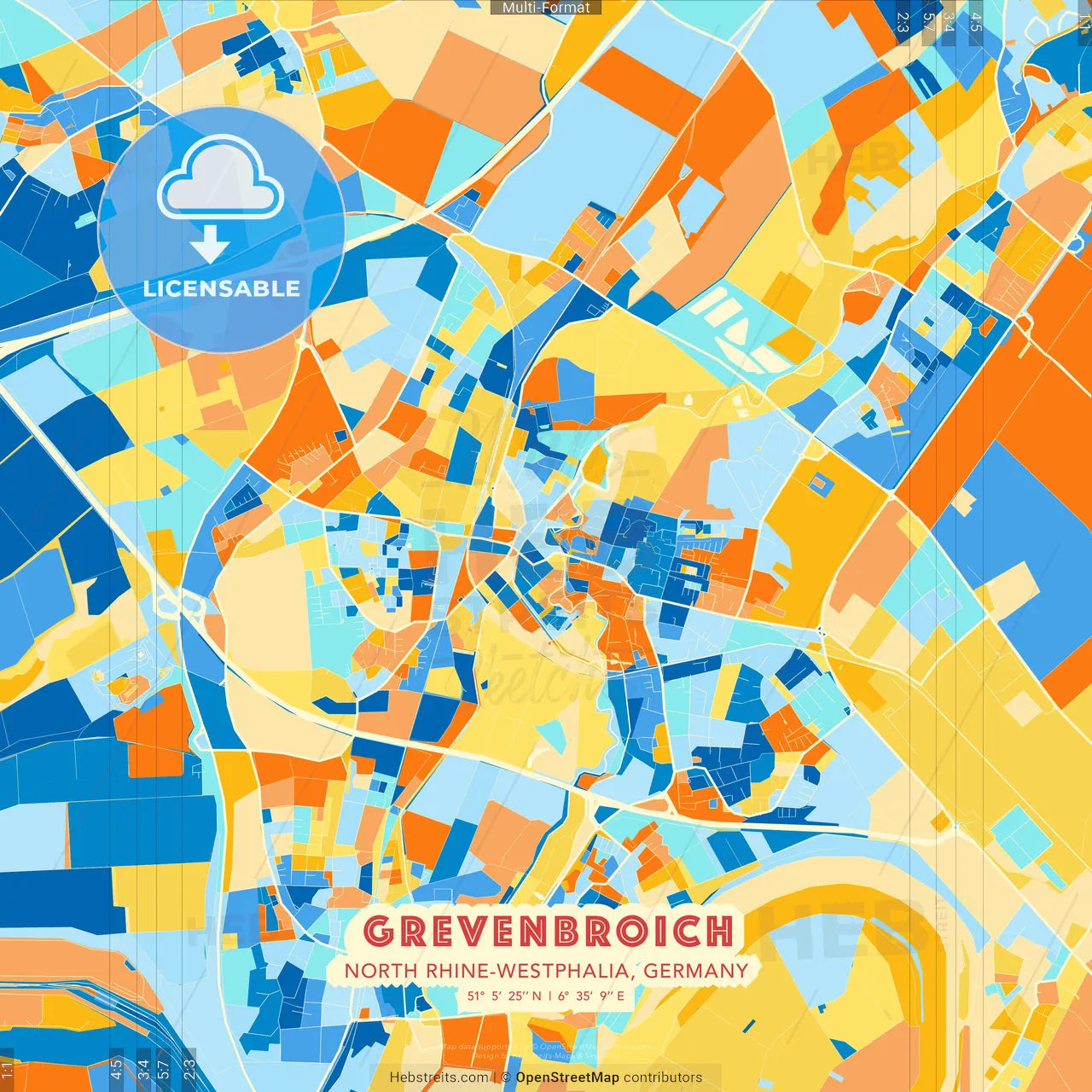 Grevenbroich, North Rhine-Westphalia, Germany blue and orange vector art map template