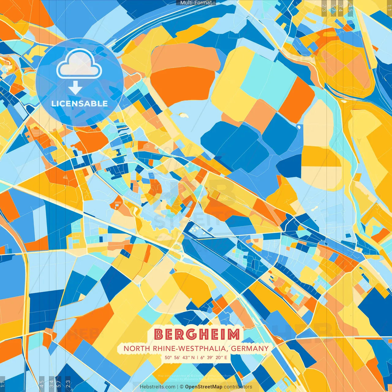 Bergheim, North Rhine-Westphalia, Germany blue and orange vector art map template