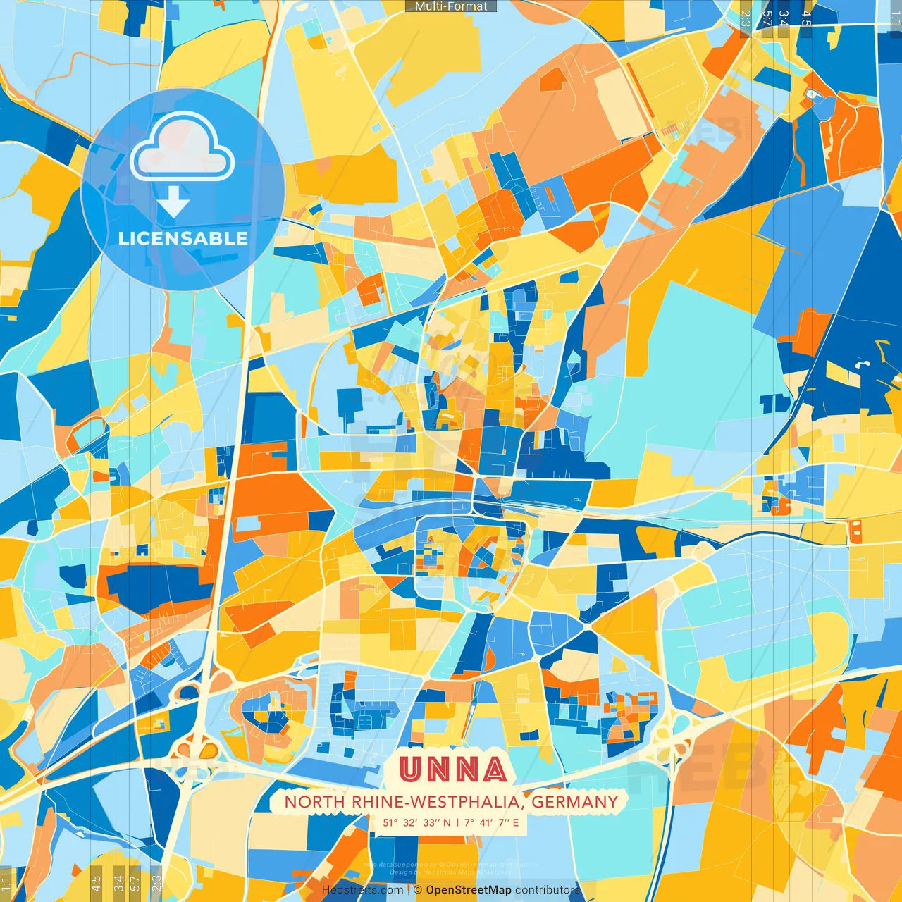 Unna, North Rhine-Westphalia, Germany blue and orange vector art map template