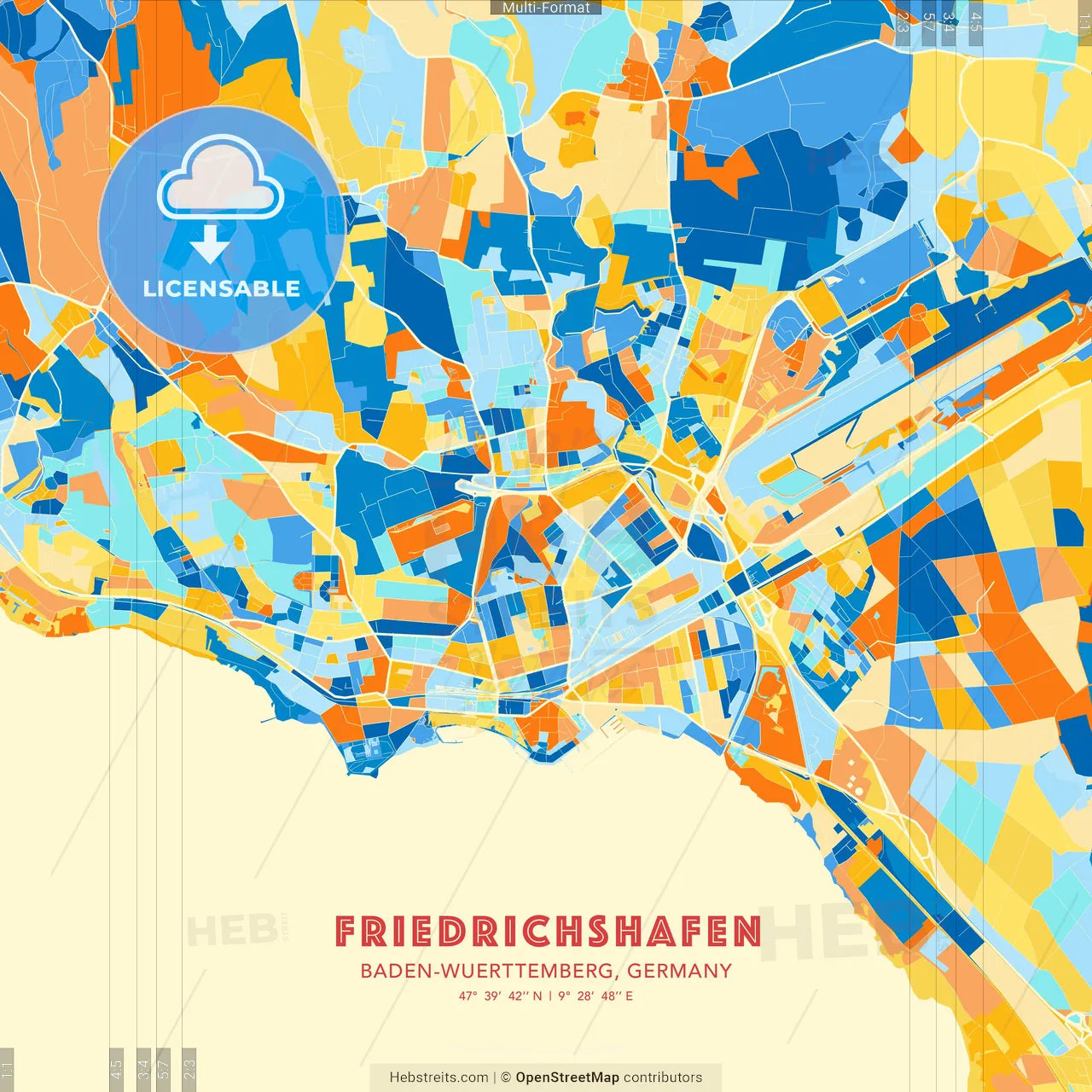 Friedrichshafen, Baden-Wuerttemberg, Germany blue and orange vector art map template