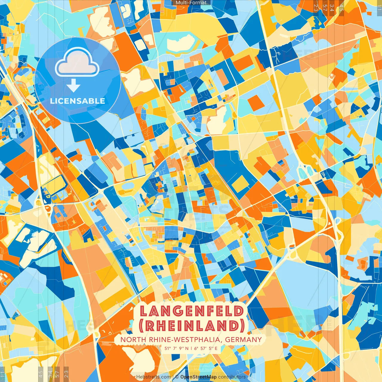 Langenfeld (Rheinland), North Rhine-Westphalia, Germany blue and orange vector art map template