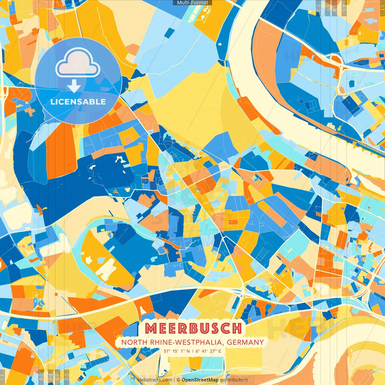 Meerbusch, North Rhine-Westphalia, Germany blue and orange vector art map template